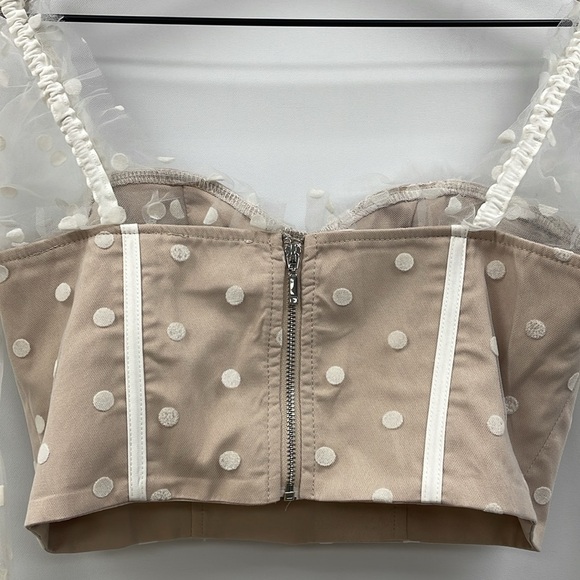 Hello Molly Sunset Polka Dot Mesh Sweetheart Corset Crop Top Preppy Beige 4 - Picture 8 of 12
